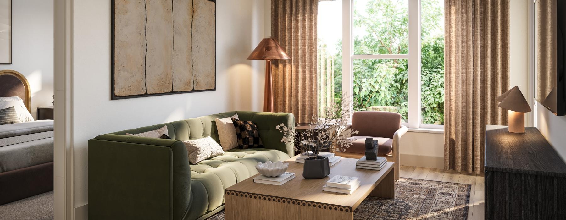 a living room with a couch and a coffee table