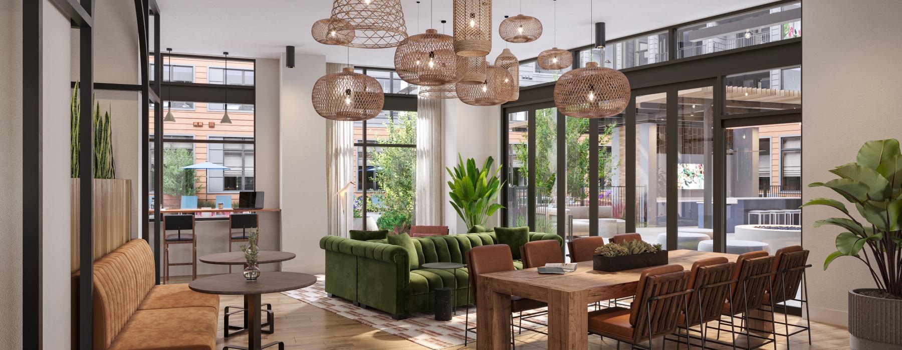 a room with a table, chairs, and a chandelier