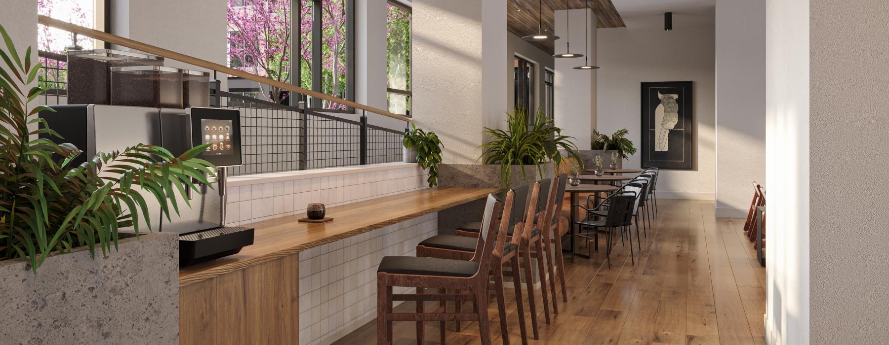 a spacious lounge with bar stools