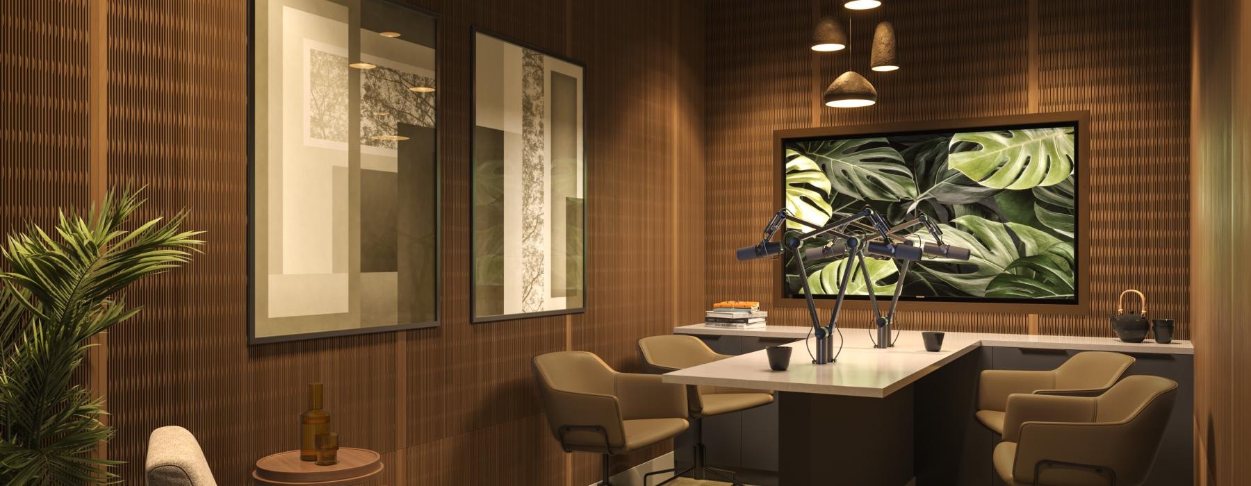 a room with a desk and chairs
